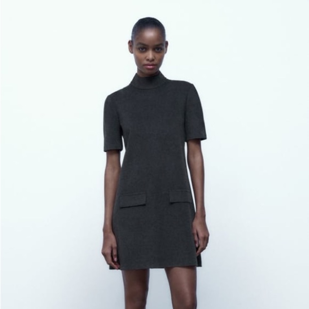 Zara MOCK NECK POCKET DRESS- CHARCOAL GRAY - XS